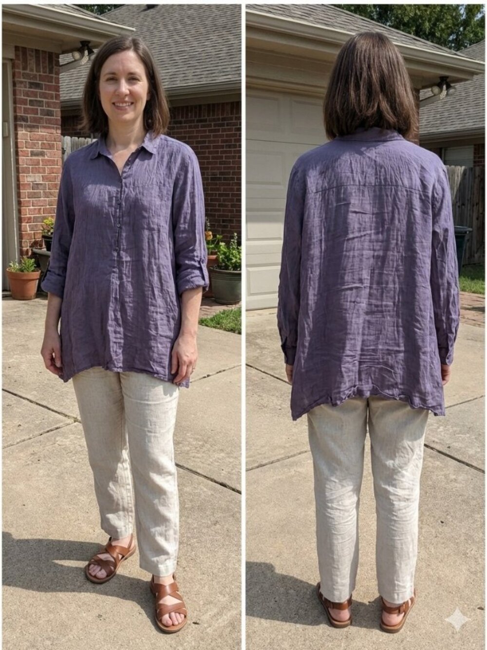 Eileen Fisher 100% Irish Linen Tunic Large L Purple Roll Tab Sleeve Blouse Shirt